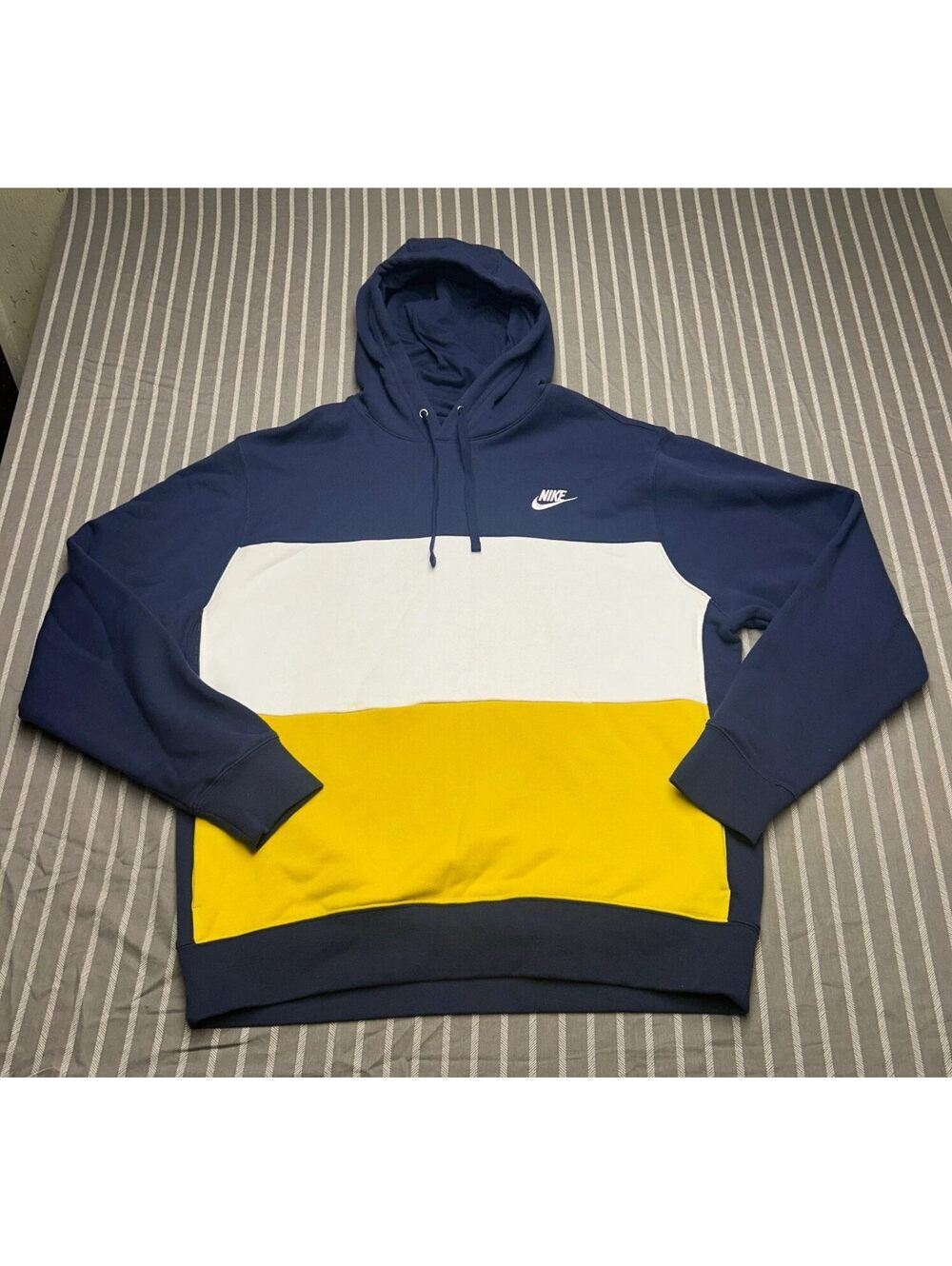 Nike Club+ Fleece Pullover Hoodie in Navy, White, and Vivid Sulfur Men's Large